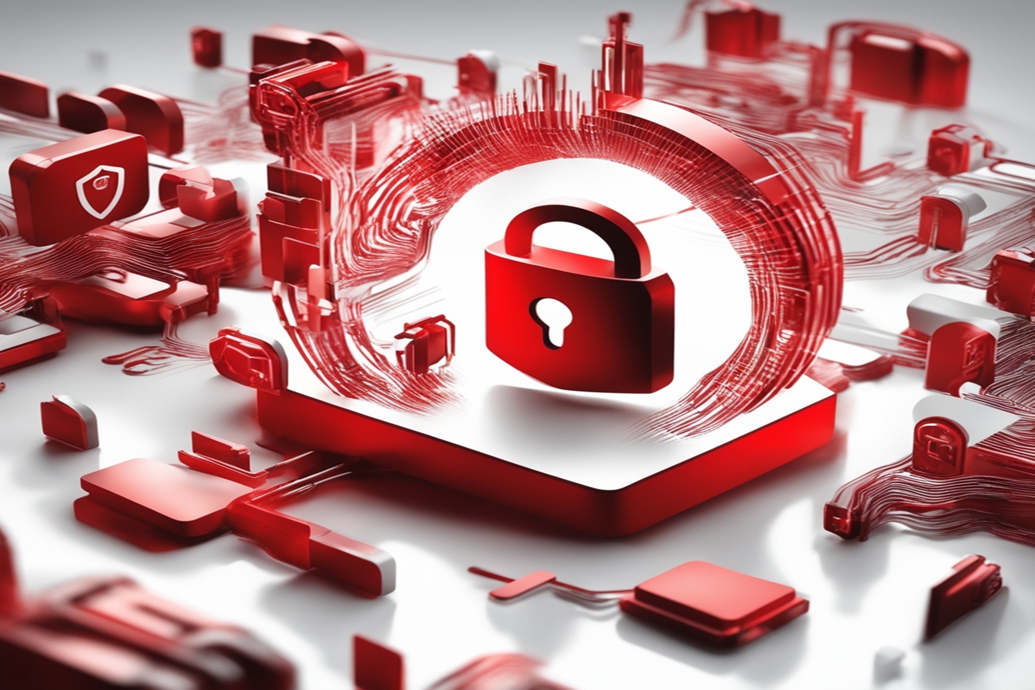 Secure red padlock among electronic gadgets, representing digital protection.